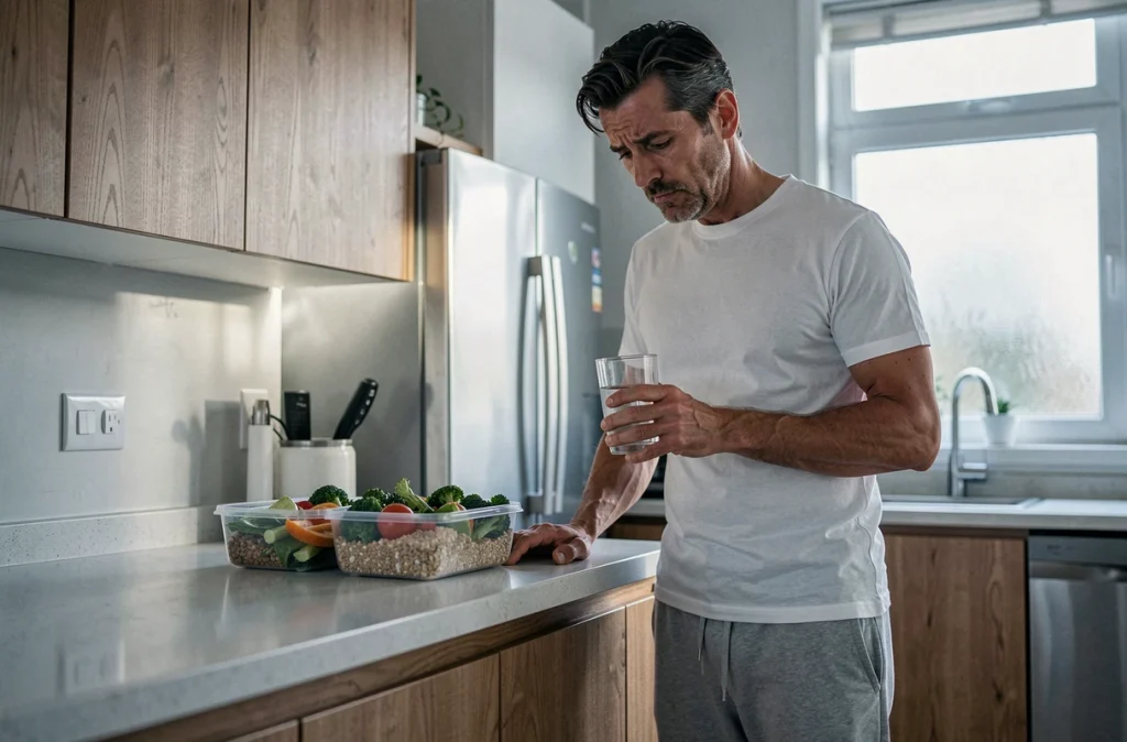 Homme fatigué en manque de sommeil devant un repas sain dans une cuisine moderne, symbolisant l'impact du manque de sommeil sur l'alimentation et le contrôle du poids