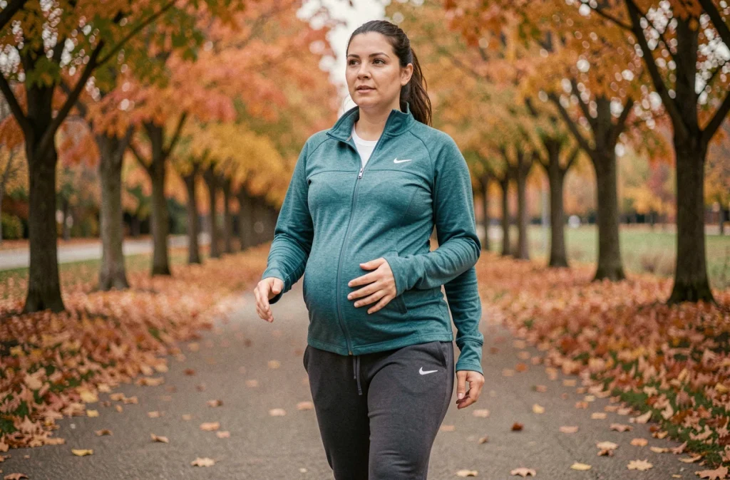 Femme enceinte marchant d'un pas vif sur un chemin de parc bordé d'arbres aux feuilles automnales orangées