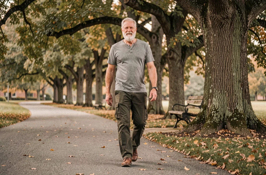 Senior homme marchant sur un chemin de parc en automne dans le cadre d'une activité physique modérée pour prévenir les chutes