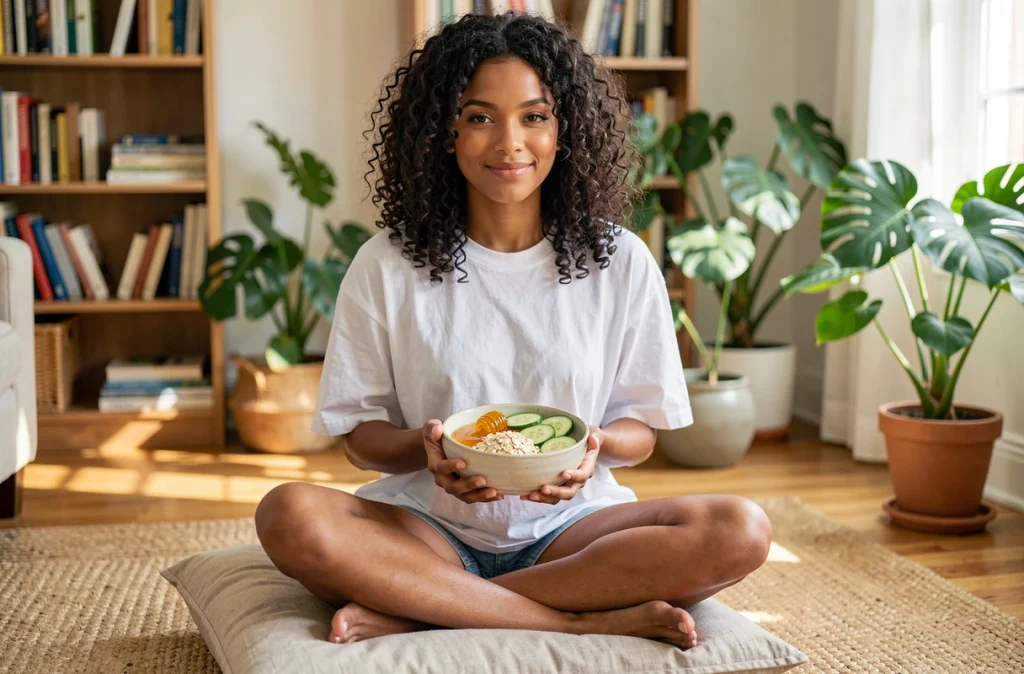 Jeune femme préparant un masque hydratant naturel fait maison avec des ingrédients naturels