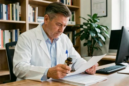 Médecin examinant un complément alimentaire Glucavit dans un cabinet médical professionnel