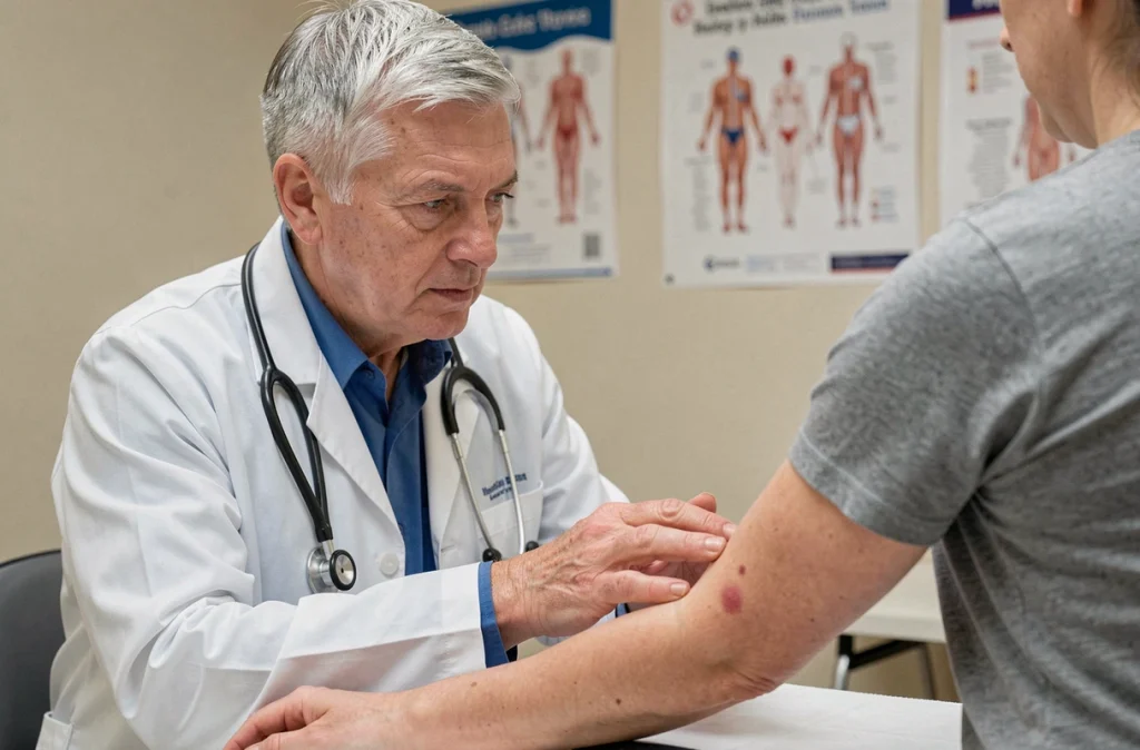 Médecin généraliste examinant une éruption cutanée sur le bras d'un patient lors d'une consultation pour diagnostic de la maladie de Lyme