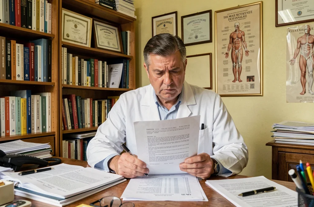Médecin généraliste consultant un dossier médical complexe lié au diagnostic difficile de la fibromyalgie