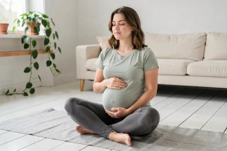 Femme enceinte pratiquant la méditation à domicile pour gérer le stress prénatal