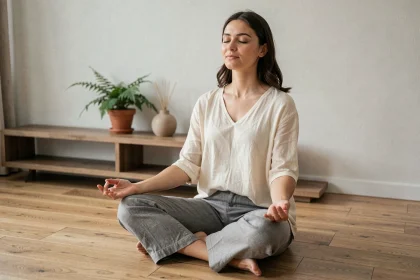 Femme pratiquant la méditation pour gérer le stress du quotidien dans un salon minimaliste