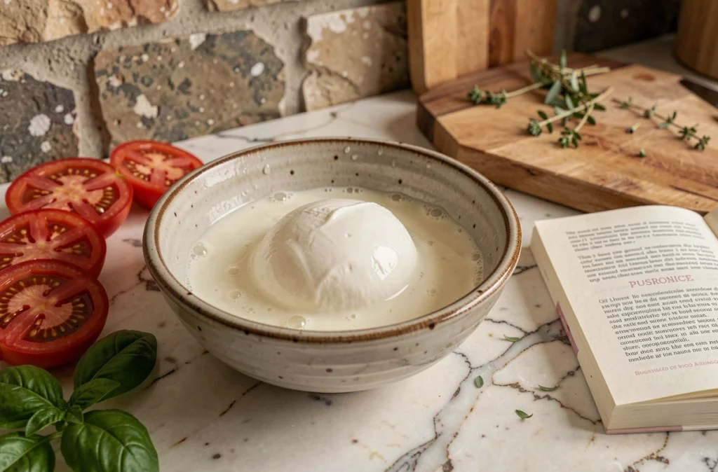 Mozzarella di bufala fraîche dans un bol céramique avec livre de nutrition pour femmes enceintes sur un comptoir en marbre