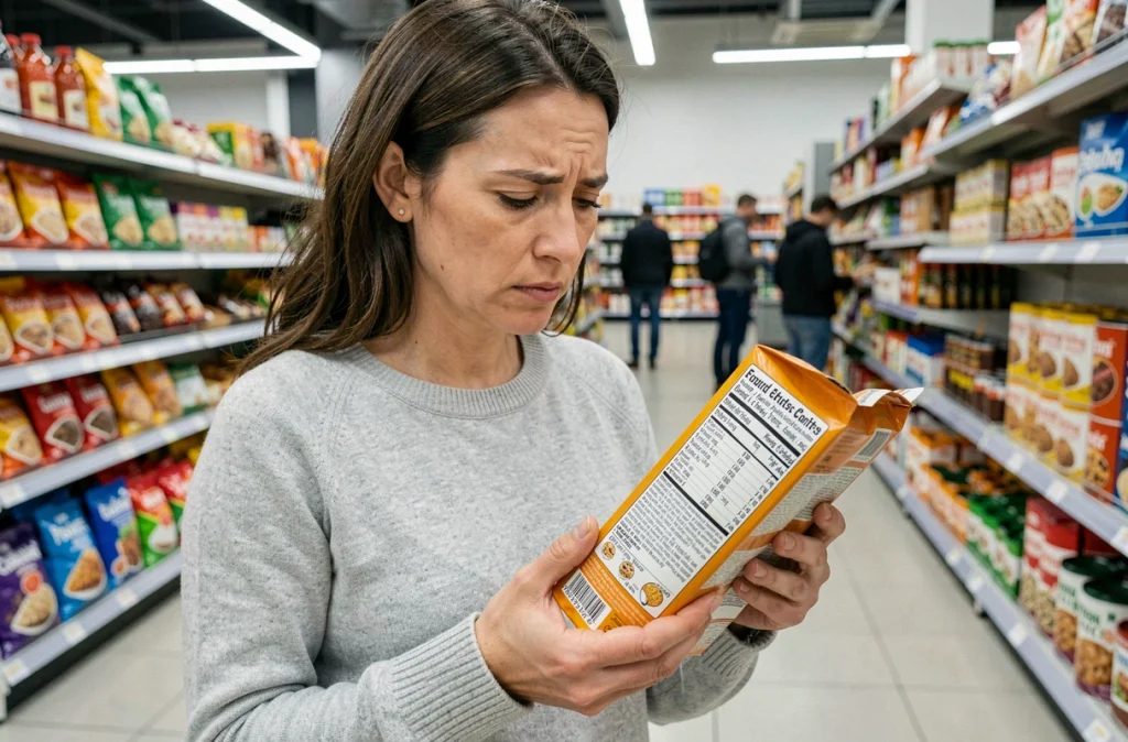 Mère lisant attentivement les étiquettes d'un produit alimentaire en supermarché pour détecter les allergènes