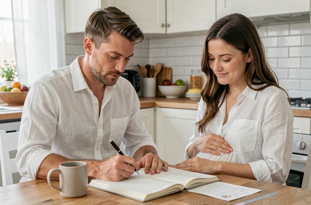 Un homme prend des notes dans un journal de grossesse aux côtés de sa partenaire enceinte dans une cuisine lumineuse, montrant l'implication active du partenaire dans le suivi de la grossesse