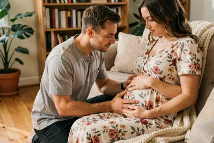 Un homme attentionné pose les mains sur le ventre de sa partenaire enceinte assise dans un salon chaleureux, illustrant le soutien du partenaire durant la grossesse