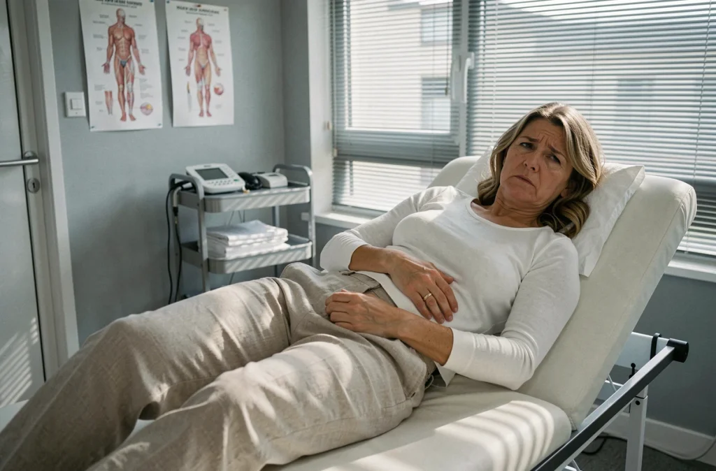 Patiente allongée en centre de rééducation souffrant de douleurs chroniques liées à la fibromyalgie