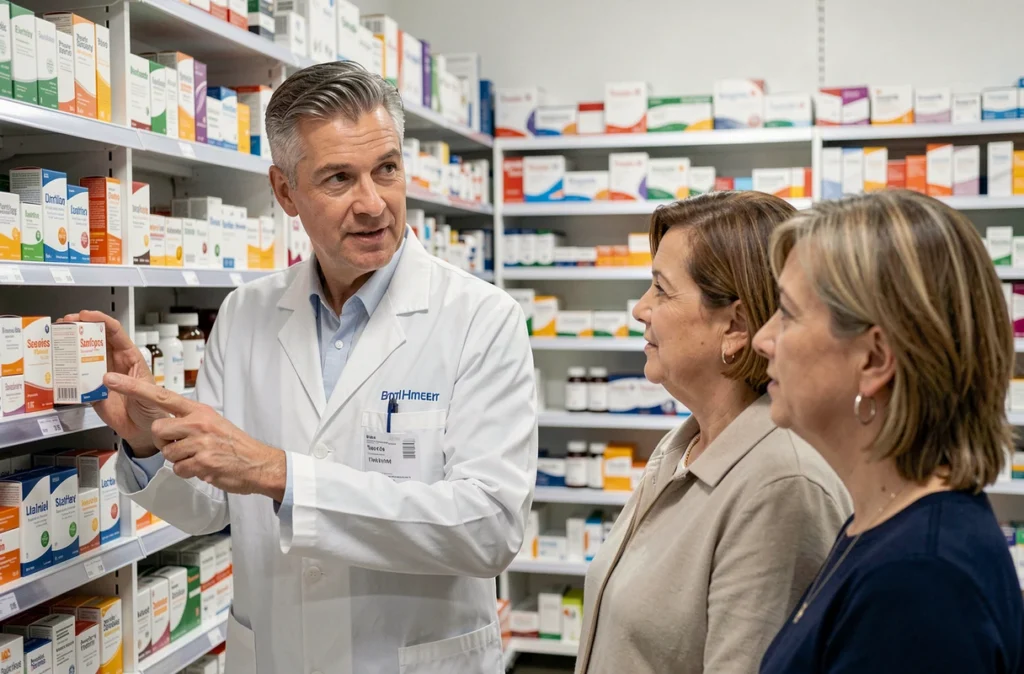 Pharmacien conseillant une cliente sur la posologie d'un complément alimentaire en pharmacie