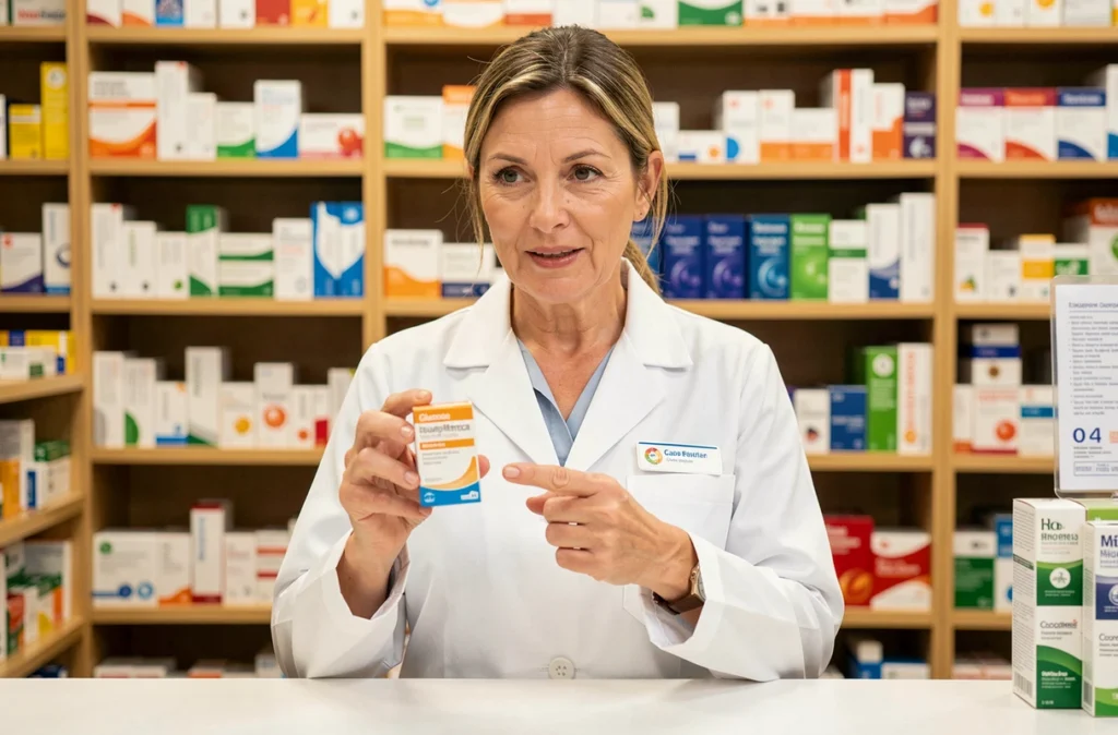 Pharmacienne expliquant les contre-indications d'un complément alimentaire à base de glucose en pharmacie