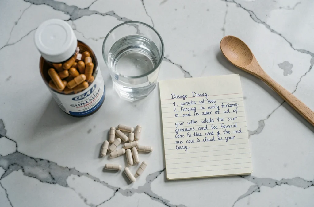 Vue de dessus d'une organisation de compléments alimentaires avec capsules et notes de posologie sur marbre blanc