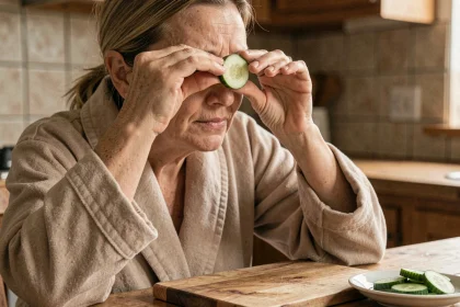 Femme d'une cinquantaine d'années appliquant des rondelles de concombre sur les yeux pour soulager la fatigue oculaire, remède de grand-mère naturel