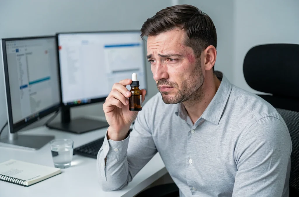 Homme fatigué au bureau utilisant des gouttes ophtalmiques modernes pour soulager les yeux fatigués devant un écran d'ordinateur