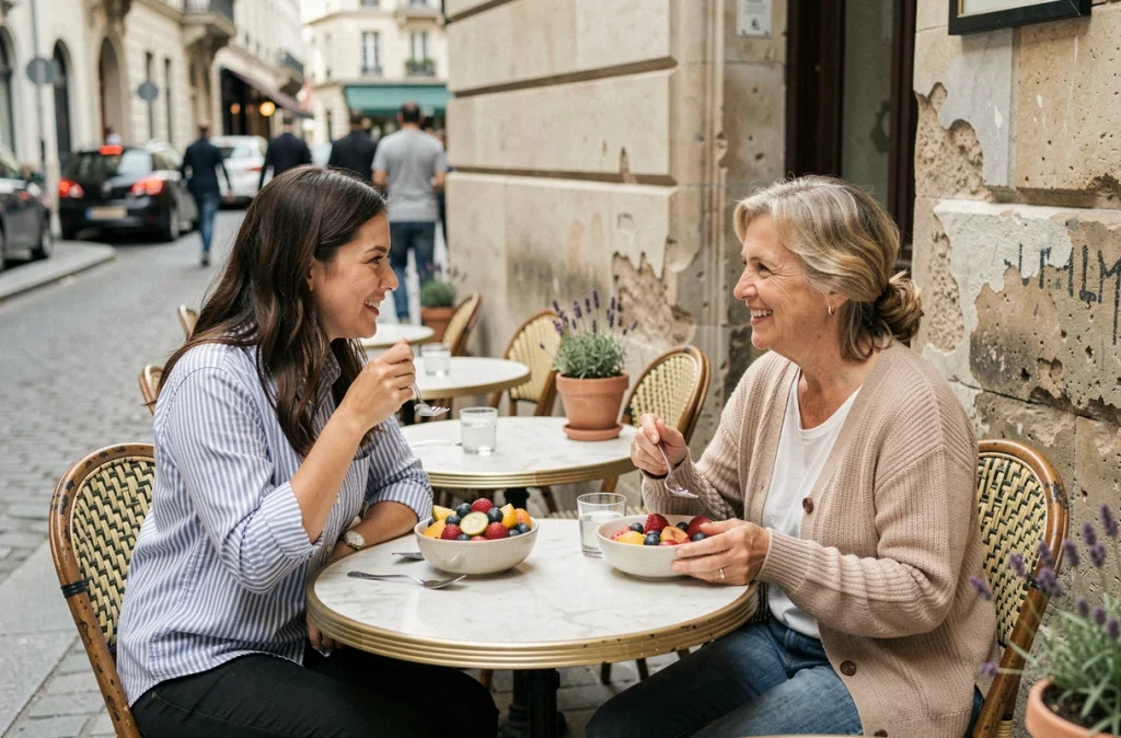 Deux femmes mangeant des bols de fruits frais en pleine conscience à une terrasse de café parisien, sans téléphone