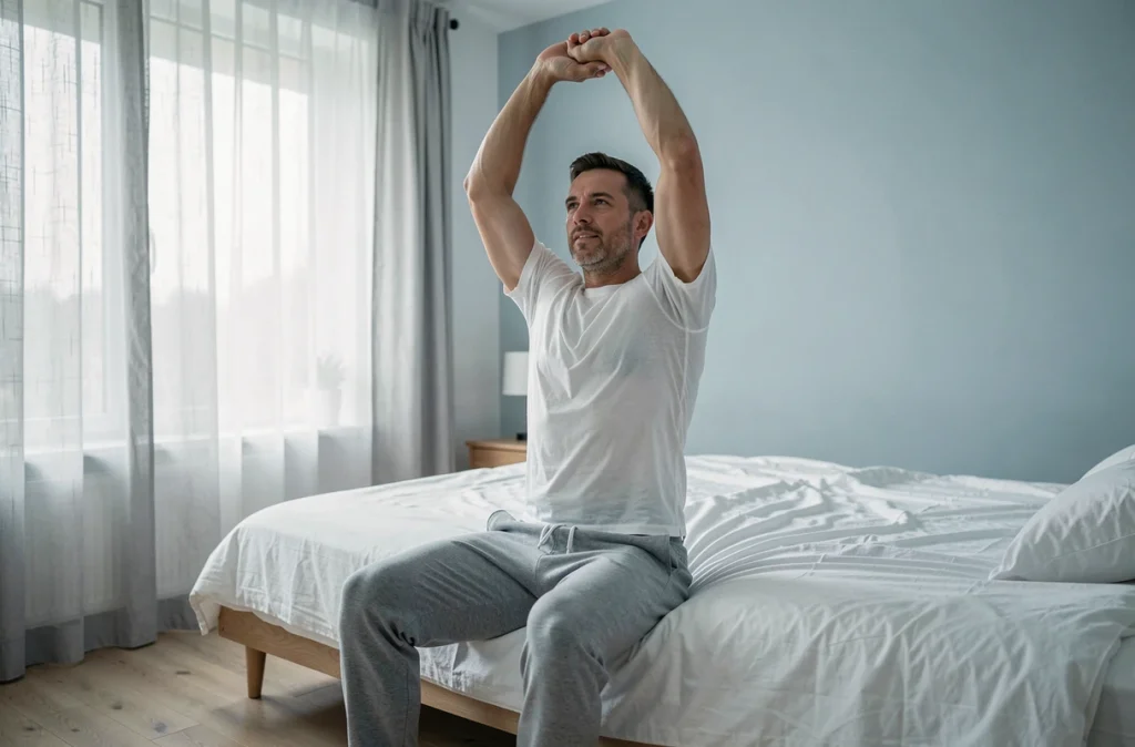 Homme se réveillant reposé au bord de son lit le matin, symbolisant les bénéfices d'un sommeil de qualité sur la vitalité quotidienne