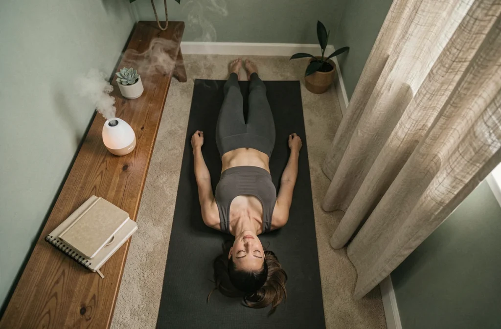 Jeune femme en tenue de sport pratiquant la relaxation avant de dormir dans un coin bien-être à domicile, illustrant l'importance des rituels de sommeil pour la gestion du poids
