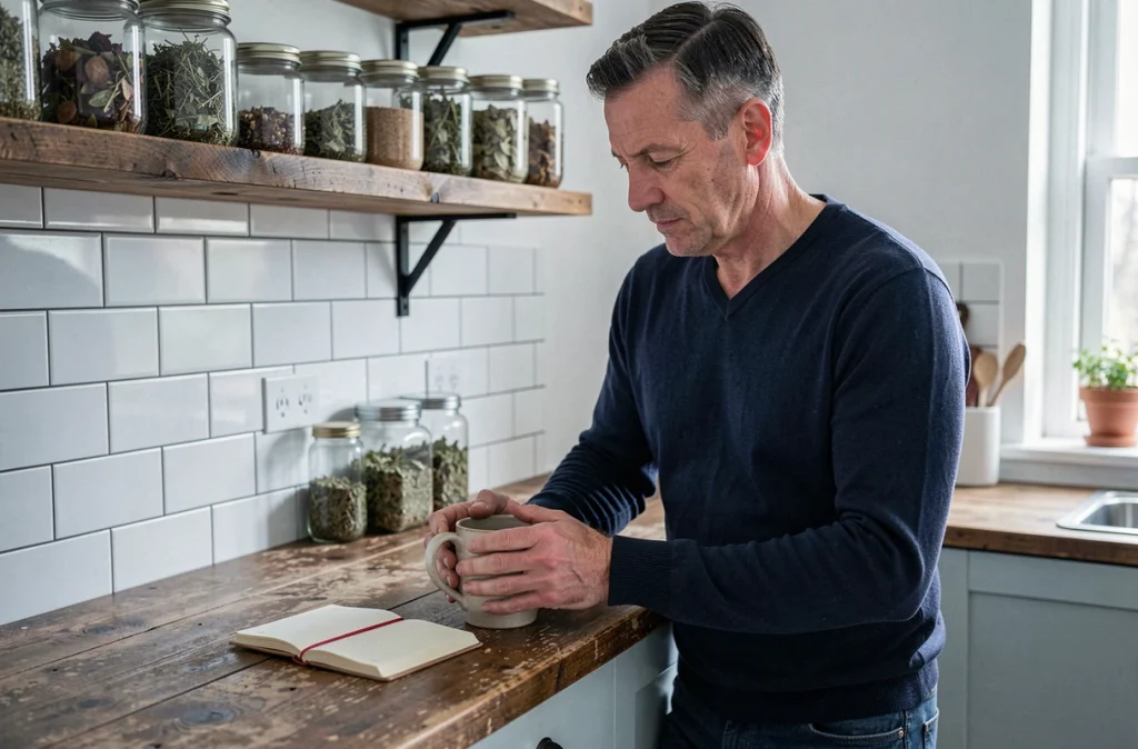 Homme préparant une tisane comme rituel anti-stress dans une cuisine chaleureuse