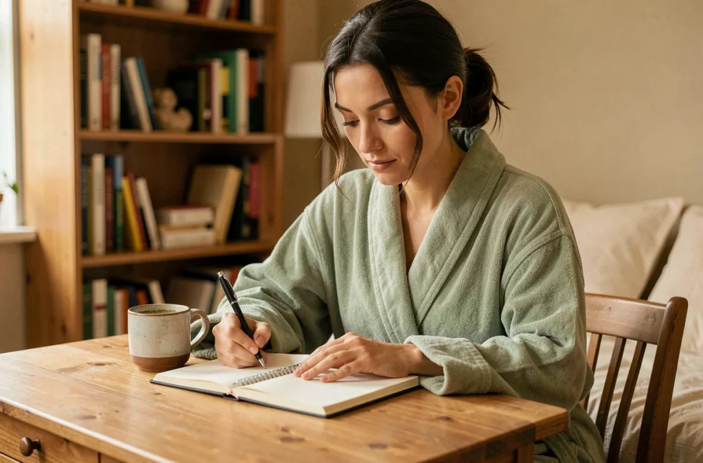 Jeune femme écrivant dans un journal avant de dormir avec une tasse de tisane, illustrant une routine du soir apaisante pour améliorer la qualité du sommeil