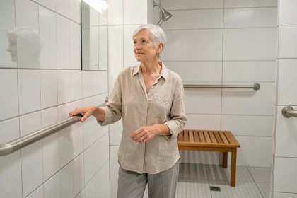 Femme âgée dans une salle de bain aménagée avec barre d'appui et douche accessible pour le maintien à domicile