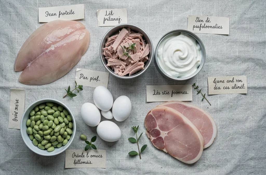 Vue de dessus d'une sélection variée d'aliments riches en protéines maigres disposés sur un fond en lin gris pâle