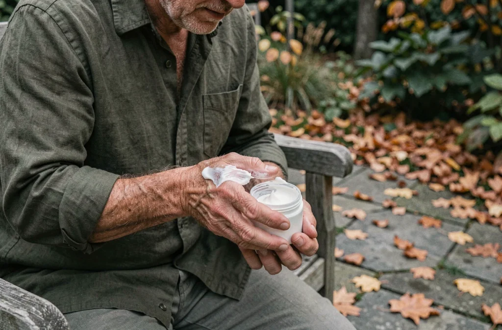 Homme hydratant ses mains avec une crème naturelle dans un jardin en automne