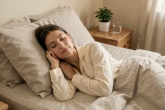 Femme endormie paisiblement dans une chambre lumineuse aux tons neutres, illustrant l'importance d'un sommeil réparateur pour la vitalité