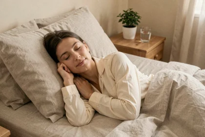 Femme endormie paisiblement dans une chambre lumineuse aux tons neutres, illustrant l'importance d'un sommeil réparateur pour la vitalité