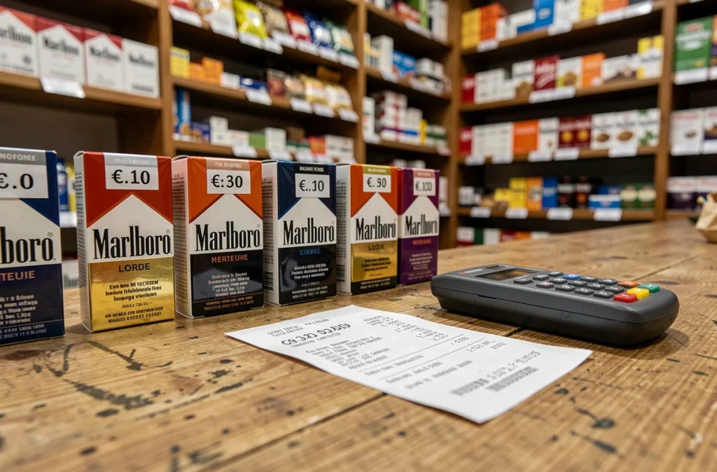 Paquets de Marlboro avec étiquettes de prix en euros sur le comptoir d'un bureau de tabac allemand