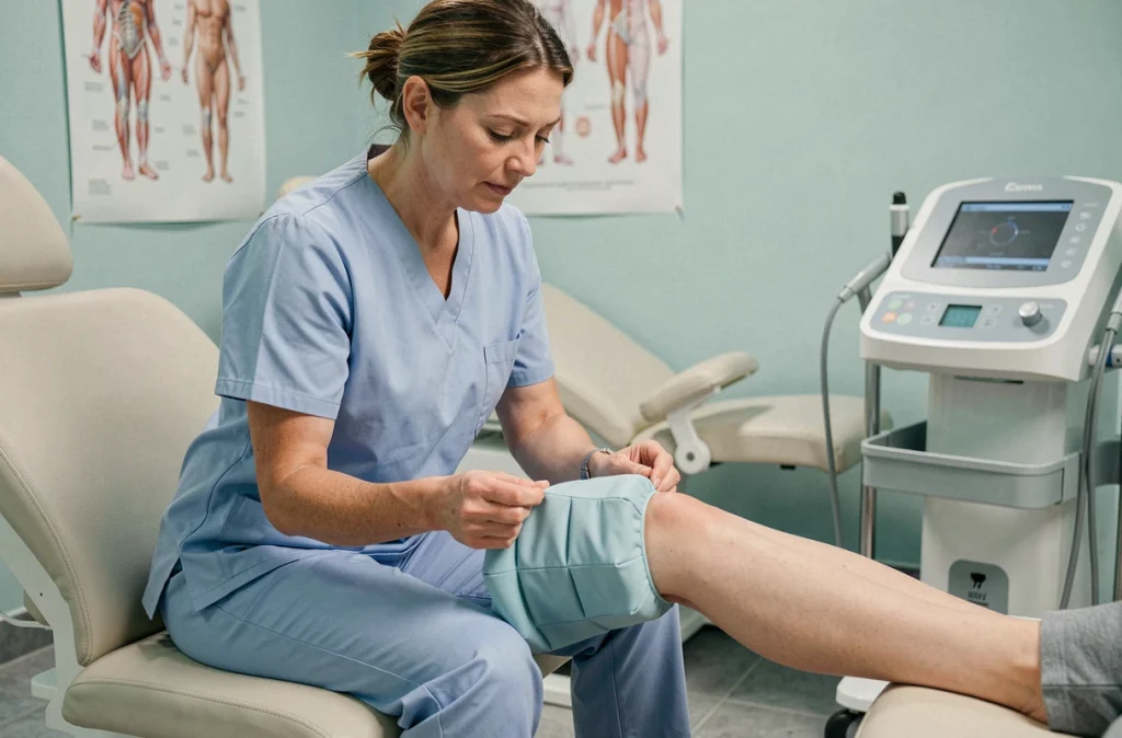 Thérapeute ajustant une manchette de pressothérapie sur la jambe d'une patiente dans un cabinet de soins