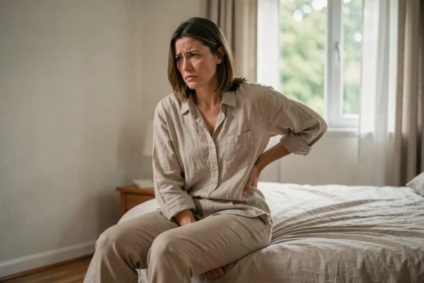 Femme tenant son dos douloureux assise sur un lit, exprimant une souffrance physique et psychosomatique