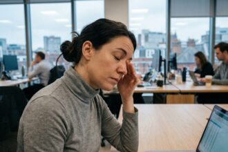Femme se frottant les yeux devant un écran d'ordinateur portable dans un bureau moderne en ville, illustrant la fatigue oculaire liée aux écrans