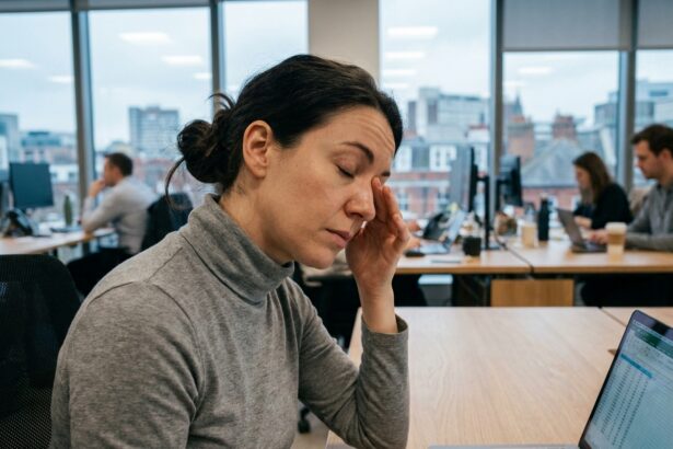 Femme se frottant les yeux devant un écran d'ordinateur portable dans un bureau moderne en ville, illustrant la fatigue oculaire liée aux écrans