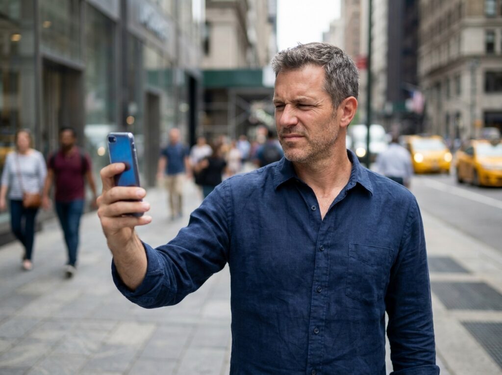 Homme consultant son smartphone dans la rue en ville, yeux plissés face à la lumière de l'écran, représentant la sollicitation visuelle quotidienne en milieu urbain