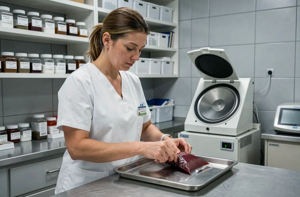 Infirmière manipulant une poche de sang dans un laboratoire hospitalier moderne