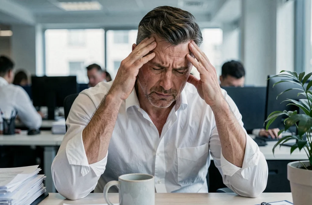 Homme souffrant de maux de tête liés au stress au bureau, illustration de la médecine psychosomatique