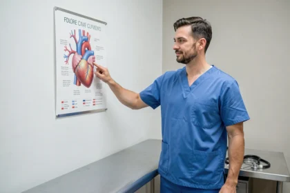 Médecin expliquant le système circulatoire humain devant un poster anatomique en cabinet médical