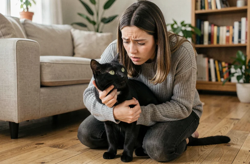 Propriétaire inquiète observant de près les pupilles dilatées de son chat noir à domicile, suspectant une urgence neurologique
