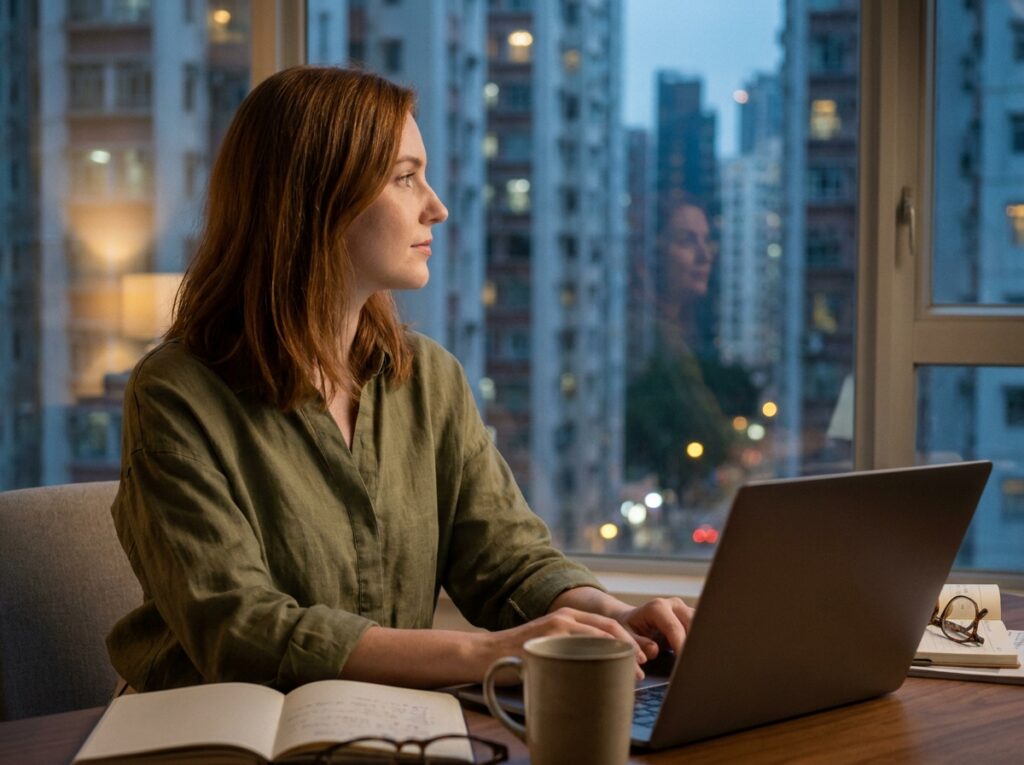 Jeune femme appliquant la règle 20-20-20 pour reposer ses yeux en regardant par la fenêtre sur la ville, assise devant son ordinateur portable