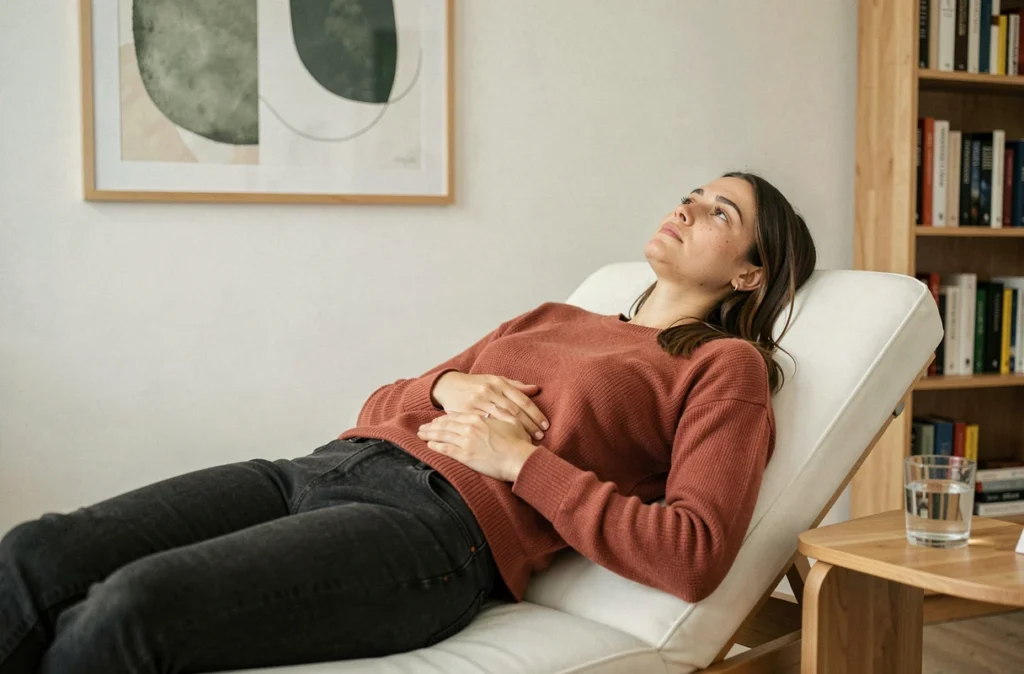 Jeune femme allongée sur un divan de thérapie tenant son ventre, évoquant les troubles psychosomatiques digestifs