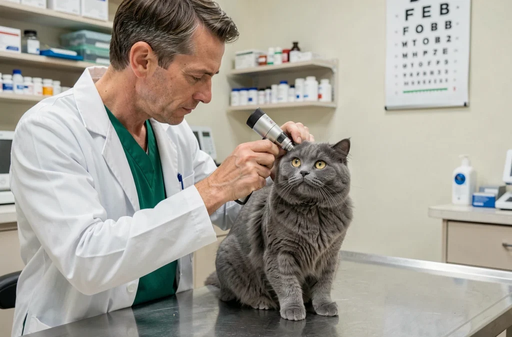 Vétérinaire examinant la pupille dilatée d'un chat persan gris à l'aide d'un ophtalmoscope lors d'une consultation d'urgence neurologique